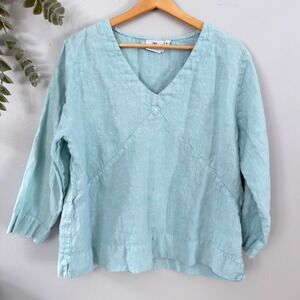 Hot Cotton Marc Ware Blouse Coastal Grandma Beachy Summer Linen V Neck Blue